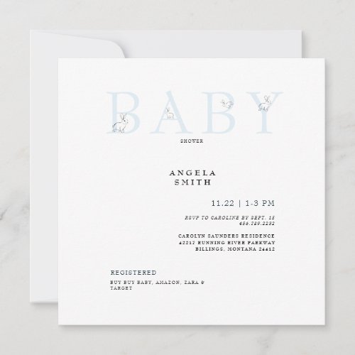 Cute Rabbits Light Blue Gingham Baby Shower Sq Invitation