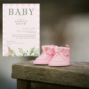 Cute Rabbits Pink Gingham Baby Girl Shower Invitat Invitation