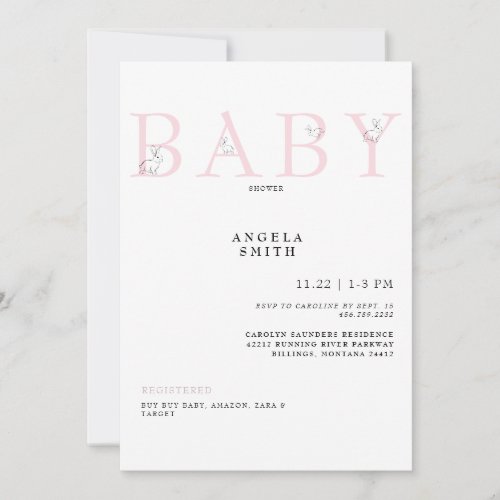 Cute Rabbits Pink Gingham Baby Girl Shower Invitation