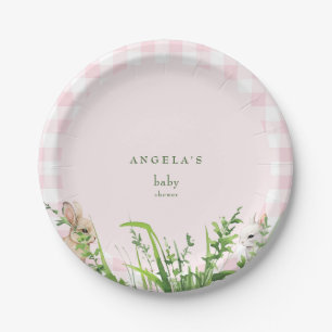 Cute Rabbits Pink Gingham Baby Girl Shower Paper Plates