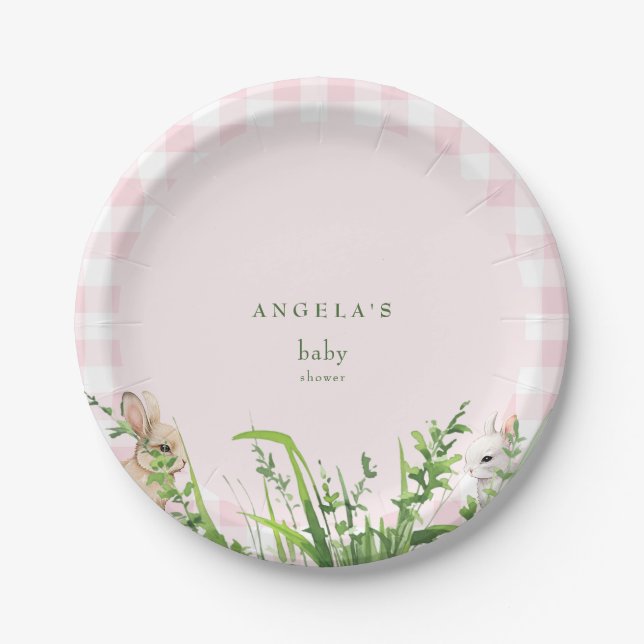 Cute Rabbits Pink Gingham Baby Girl Shower  Paper Plates (Front)
