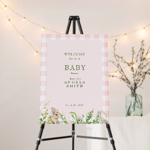 Cute Rabbits Pink Gingham Girl Shower Welcome Sign