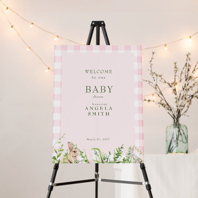 Cute Rabbits Pink Gingham Girl Shower Welcome Sign (In Situ (Stand))