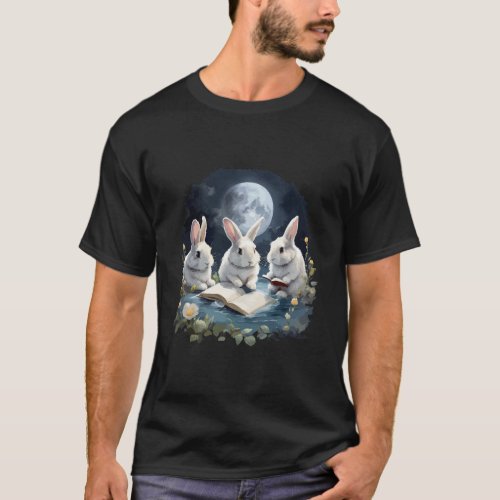 Cute Rabbits Reading Book T_Shirt