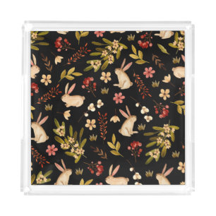 Cute Rabbits: Watercolor Hand-Drawn Pattern Acrylic Tray