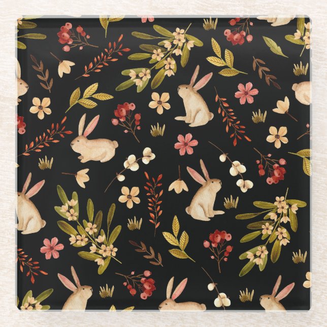 Cute Rabbits: Watercolor Hand-Drawn Pattern Glass Coaster (Front)