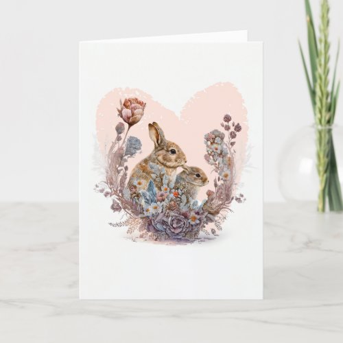Cute Rabbits with Lovely Flowers Valentines Day Holiday Card
