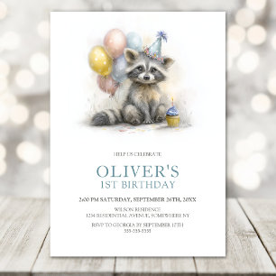 Cute Raccoon 1st Birthday Party Invitation