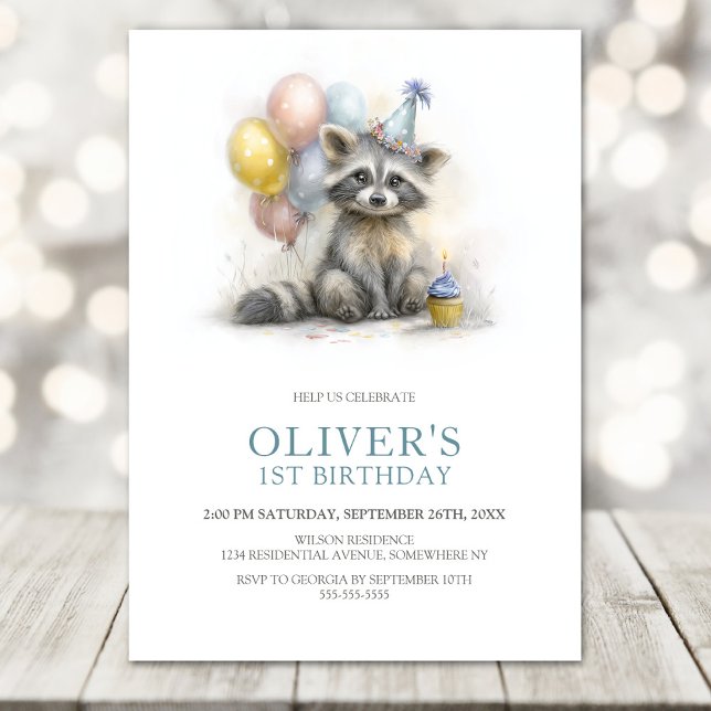 Cute Raccoon 1st Birthday Party Invitation (Creator Uploaded)