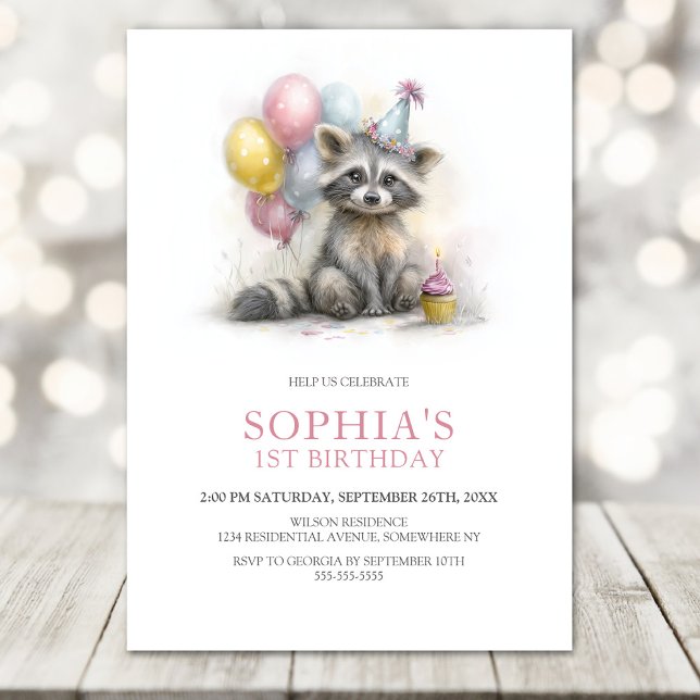 Cute Raccoon 1st Birthday Party Invitation (Creator Uploaded)