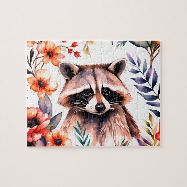 Cute raccoon among flowers jigsaw puzzle (Horizontal)