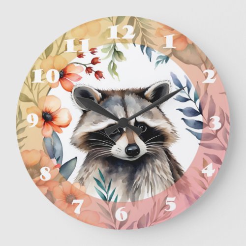 Cute raccoon among flowers large clock