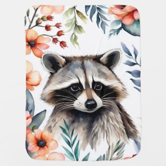 Cute raccoon among flowers watercolor art