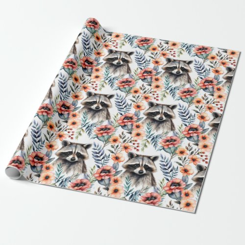 Cute raccoon among flowers wrapping paper