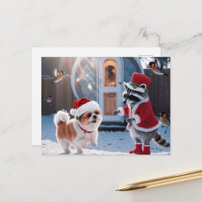 Cute Raccoon and a Cute Dog Festive Christmas Postcard (Front/Back In Situ)
