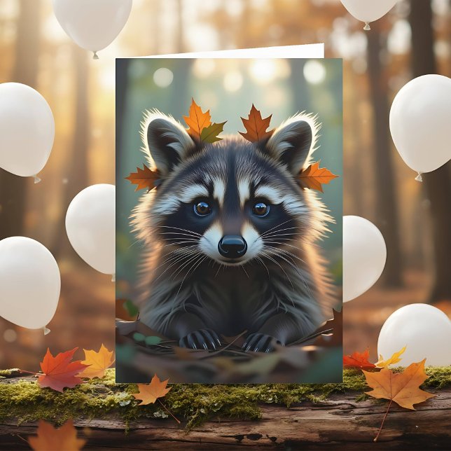 Cute Raccoon and Fall Leaves Birthday Card (Creator Uploaded)