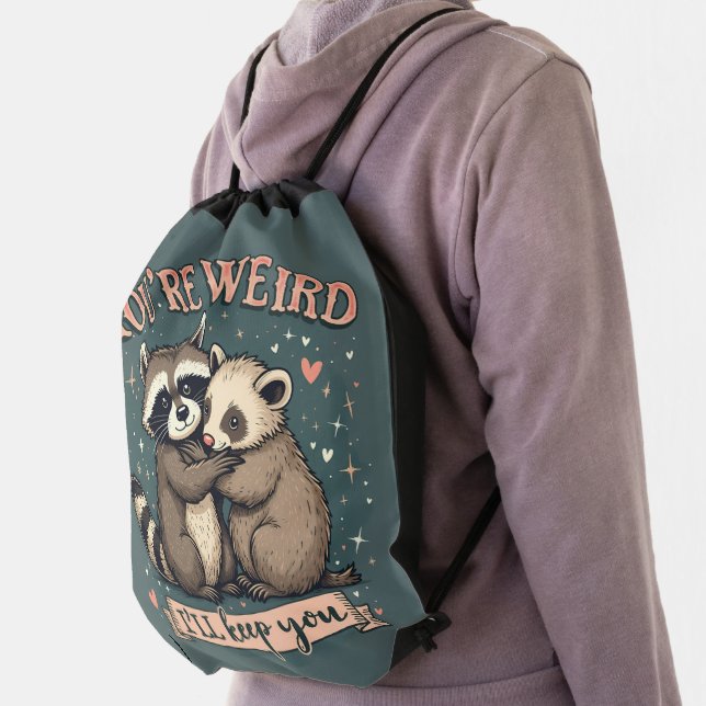 Cute Raccoon and Ferret Hug with Funny Quote Drawstring Bag (Insitu)