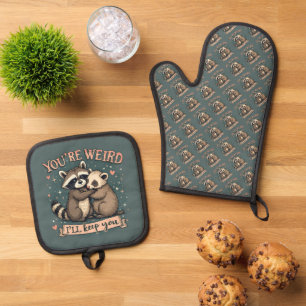Cute Raccoon and Ferret Hug with Funny Quote Oven Mitt & Pot Holder Set