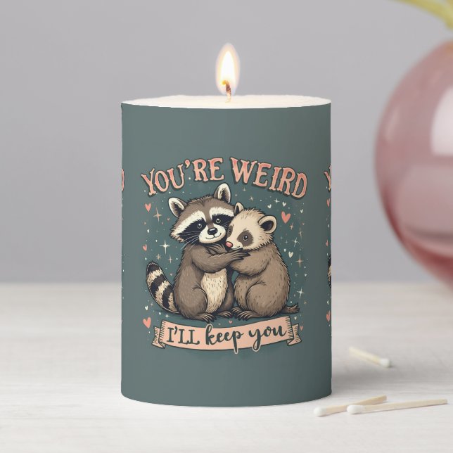 Cute Raccoon and Ferret Hug with Funny Quote Pillar Candle (In Situ)