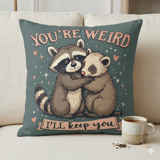 Cute Raccoon and Ferret Hug with Funny Quote Throw Pillow (Cute Raccoon and Ferret Hug with Funny Quote Throw Pillow Mockup A)
