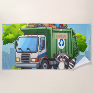 Cute raccoon and "food" truck beach towel