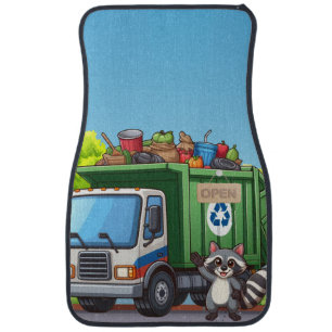 Cute raccoon and "food" truck car floor mat