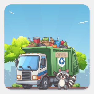 Cute raccoon and "food" truck square sticker