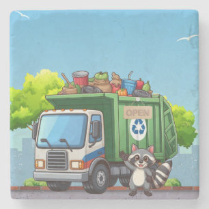 Cute raccoon and "food" truck stone coaster
