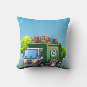 Cute raccoon and "food" truck throw pillow