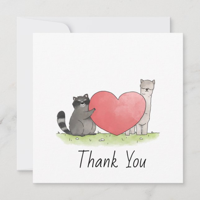 Cute Raccoon and Llama Sq1uare Thank You Card (Front)