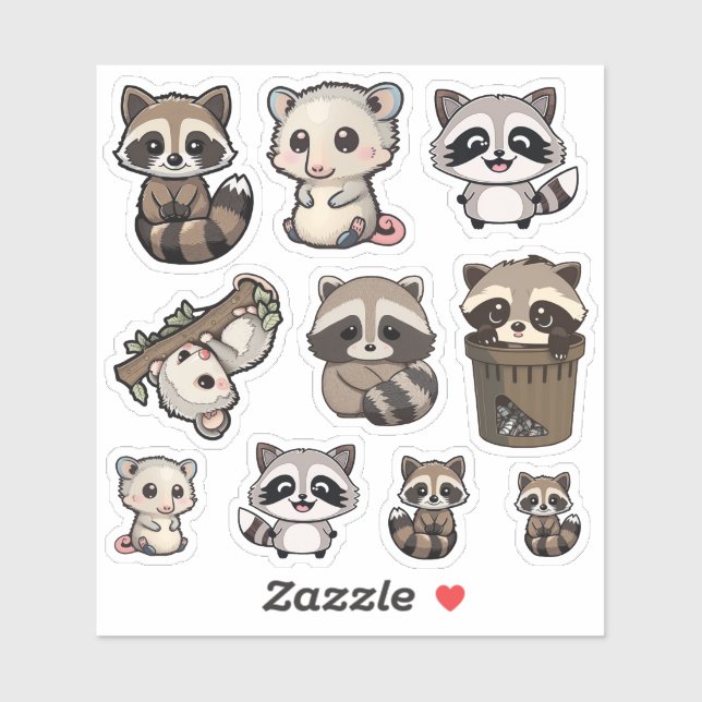 Cute Raccoon and Opossum Sticker Sheet, Adorable (Sheet)