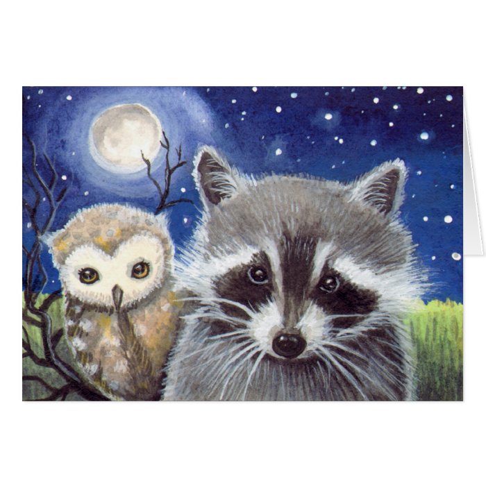 Cute Raccoon and Owl Fantasy Art Card | Zazzle