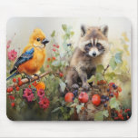 Cute Raccoon and Pretty Yellow Bird Mouse Pad