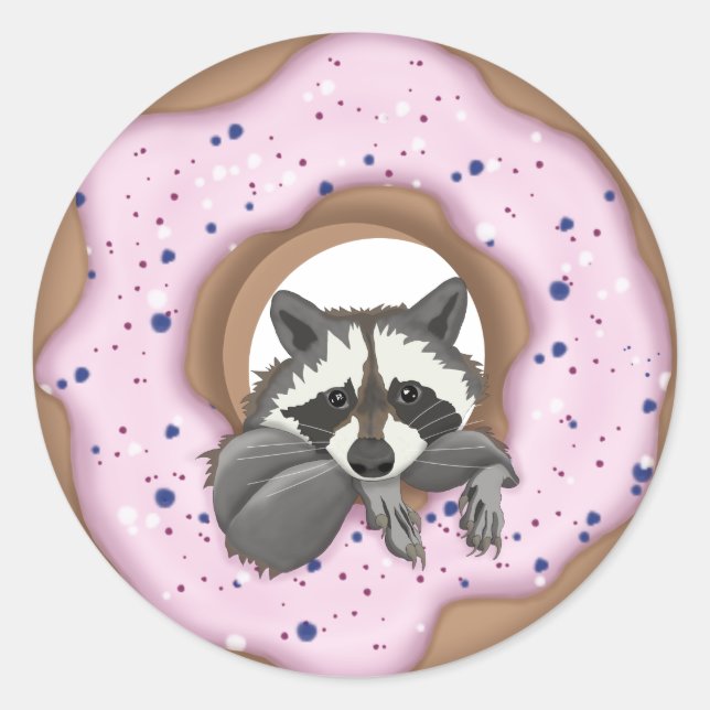 Cute raccoon and Yummy donut  Classic Round Sticker (Front)