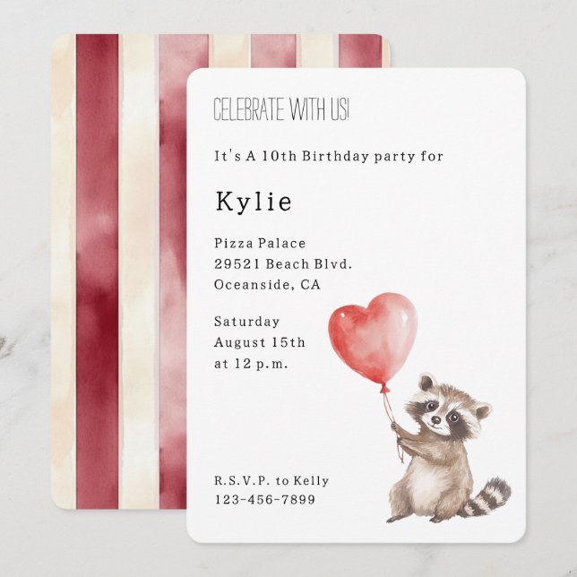 Cute Raccoon Animal Heart Balloon Birthday   Invitation (Front/Back)
