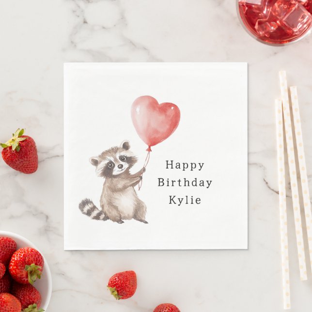 Cute Raccoon Animal Heart Balloon Birthday Napkins (Insitu)