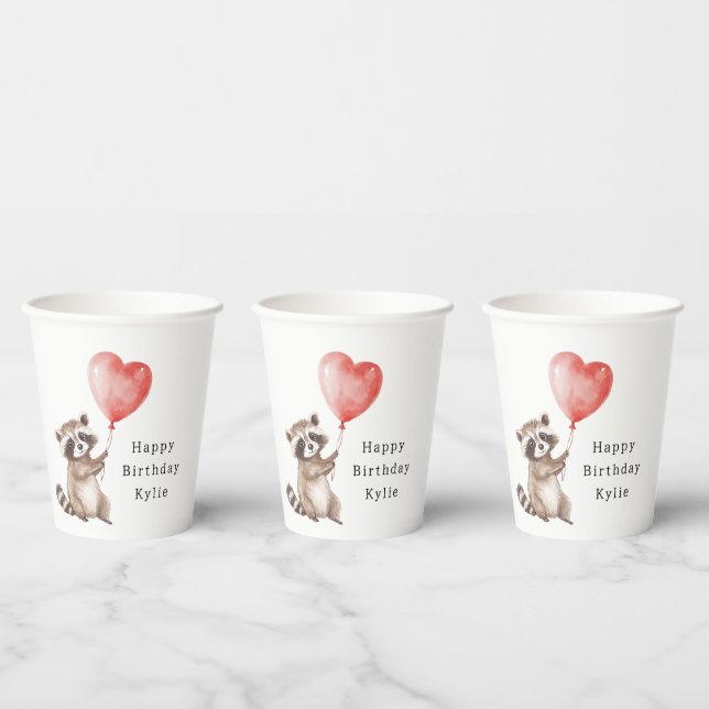 Cute Raccoon Animal Heart Balloon Birthday Paper Cups (Multi)