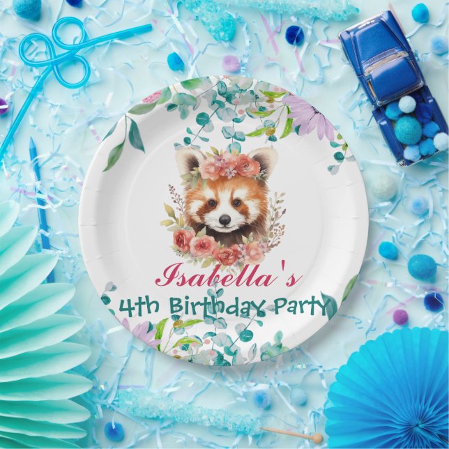 Cute raccoon animal jungle Floral Birthday party Paper Plates (Party)