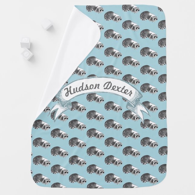 Cute Raccoon Aqua Lil' Man Baby Boy Swaddle Blanket (In Situ)