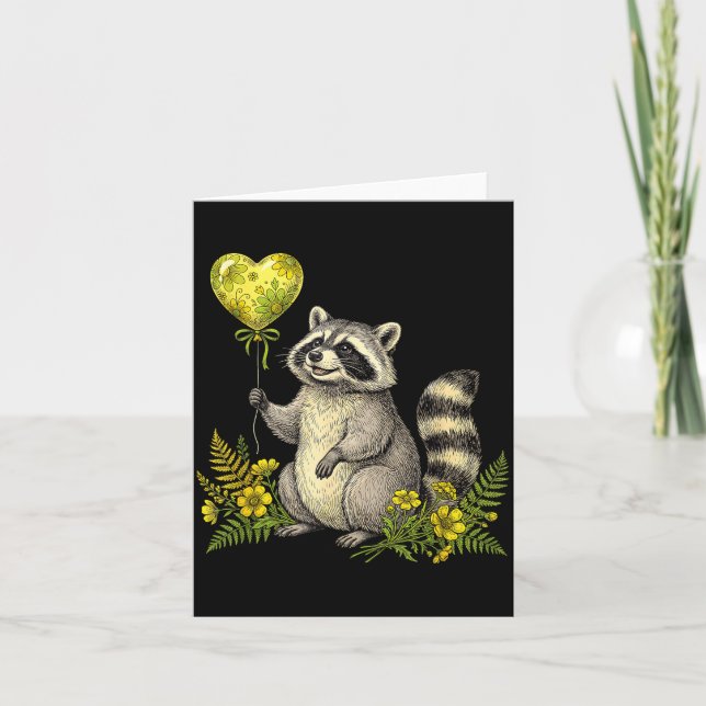 Cute Raccoon Balloon Heart Flowers Sweet Raccoon L Card (Front)