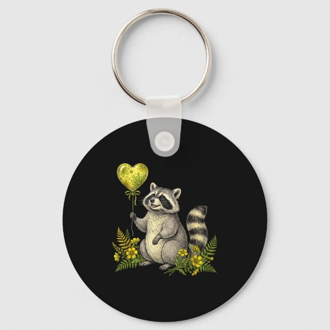 Cute Raccoon Balloon Heart Flowers Sweet Raccoon L Keychain (Front)