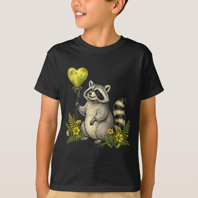 Cute Raccoon Balloon Heart Flowers Sweet Raccoon L T-Shirt (Front)