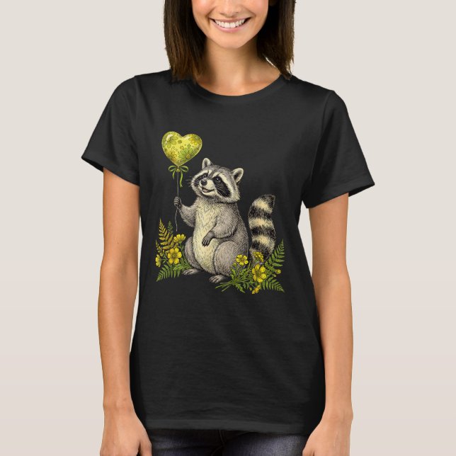 Cute Raccoon Balloon Heart Flowers Sweet Raccoon L T-Shirt (Front)