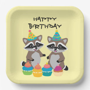 Cute raccoon birthday party light yellow paper plates