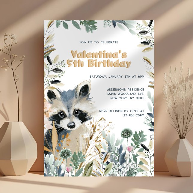 Cute Raccoon Birthday Woodland Watercolor Nature Invitation (Creator Uploaded)
