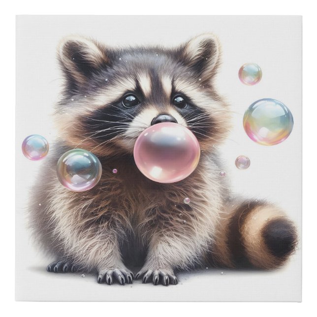 Cute Raccoon Blowing Bubbles Whimsical Animal Art Faux Canvas Print (Front)