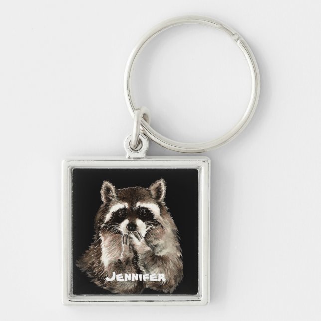 Cute Raccoon Blowing Kisses Humor Custom Name Keychain (Front)