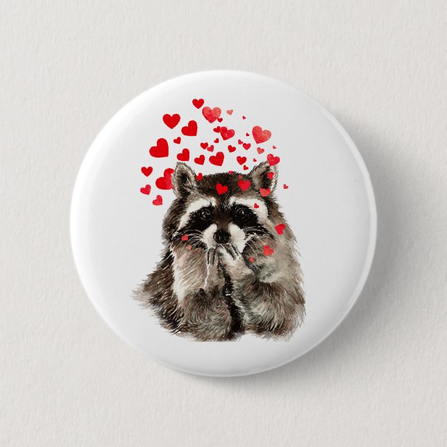 Cute Raccoon Blowing Kisses Love Hearts Pinback Button (Front)
