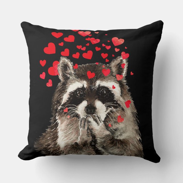Cute Raccoon Blowing Kisses Love Hearts Throw Pillow (Front)