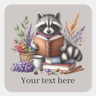 Cute raccoon book lovers add text square sticker